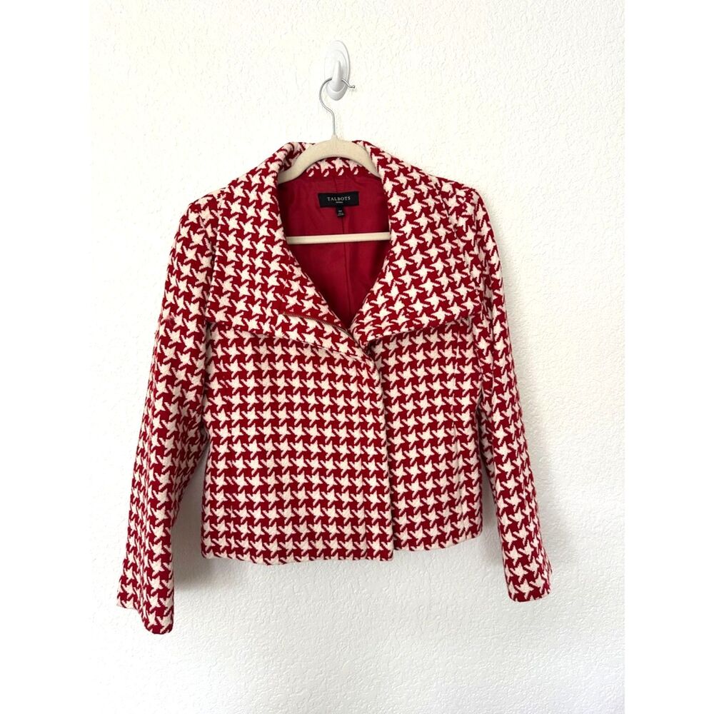 Talbots Houndstooth Wool Moto Jacket Red White Size 10 Petite